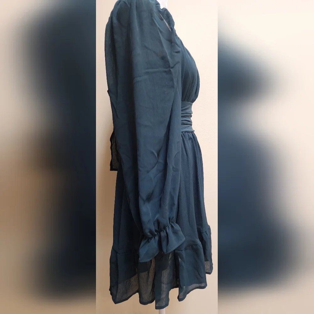 NWT Women's Peacock Blue Boho Ruffle Dress Long Lantern Sleeves Size S - Picture 9 of 15